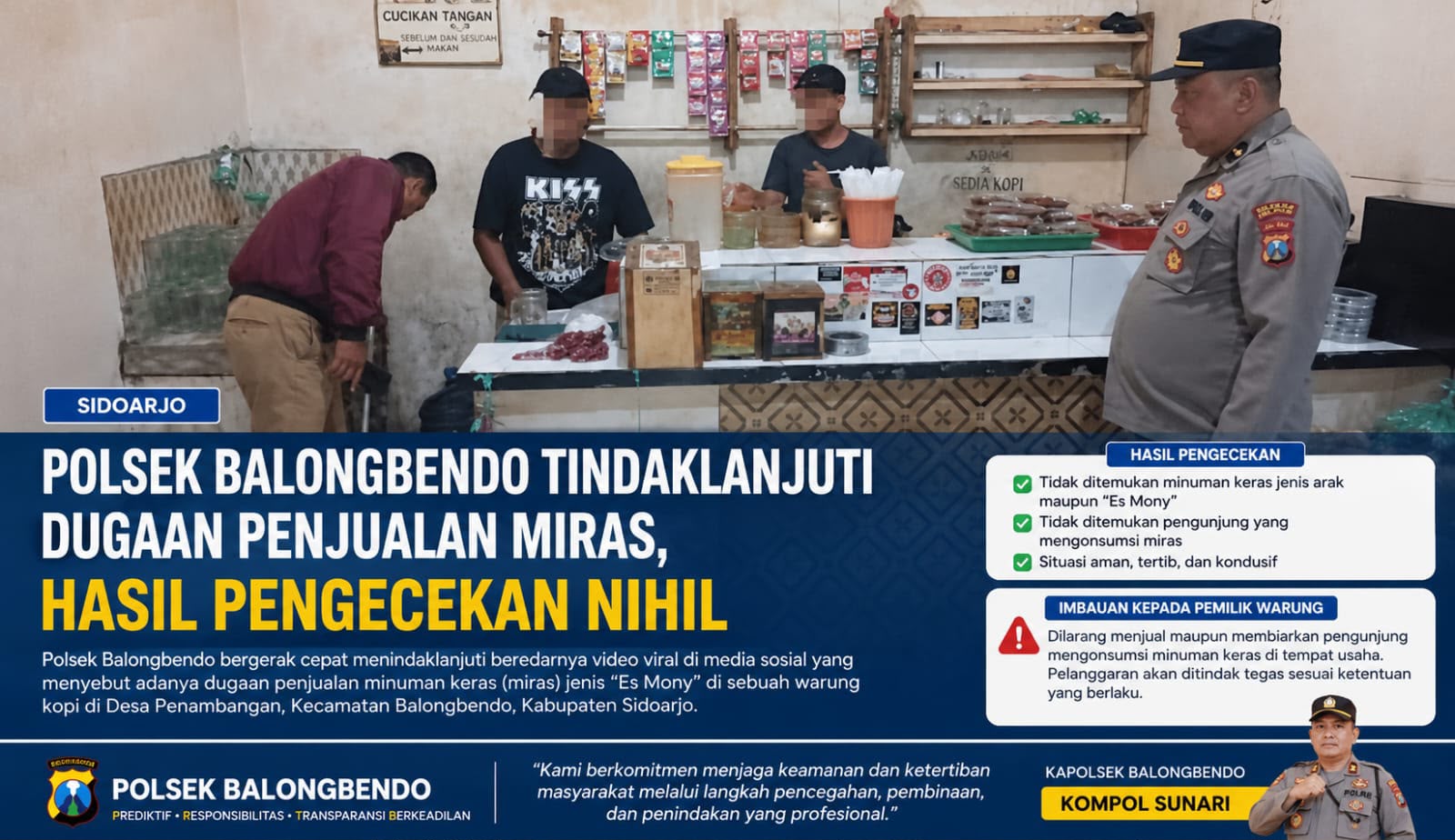 Polsek Balongbendo Tindaklanjuti Dugaan Penjualan Miras, Hasil Pengecekan Tidak Ditemukan Pelanggaran