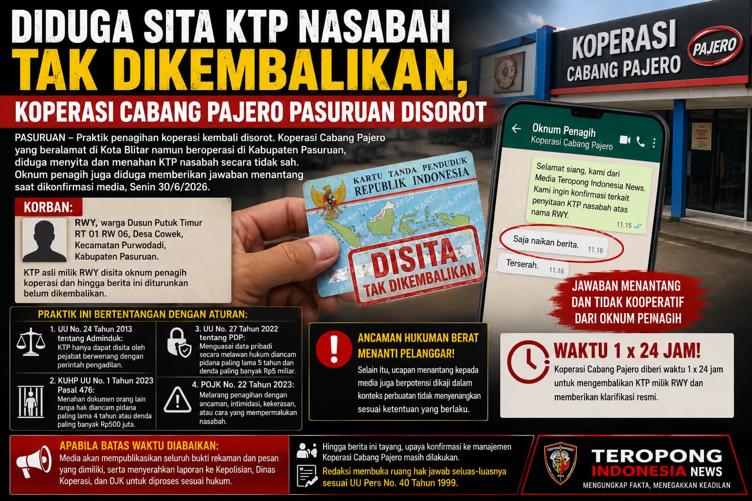 Diduga Sita KTP Nasabah Tak Dikembalikan, Koperasi Cabang Pajero Pasuruan Disorot