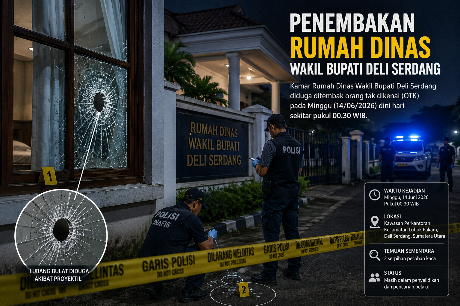 Kamar Rumah Dinas Wakil Bupati Deli Serdang Diduga Ditembak OTK, Polisi Lakukan Penyelidikan